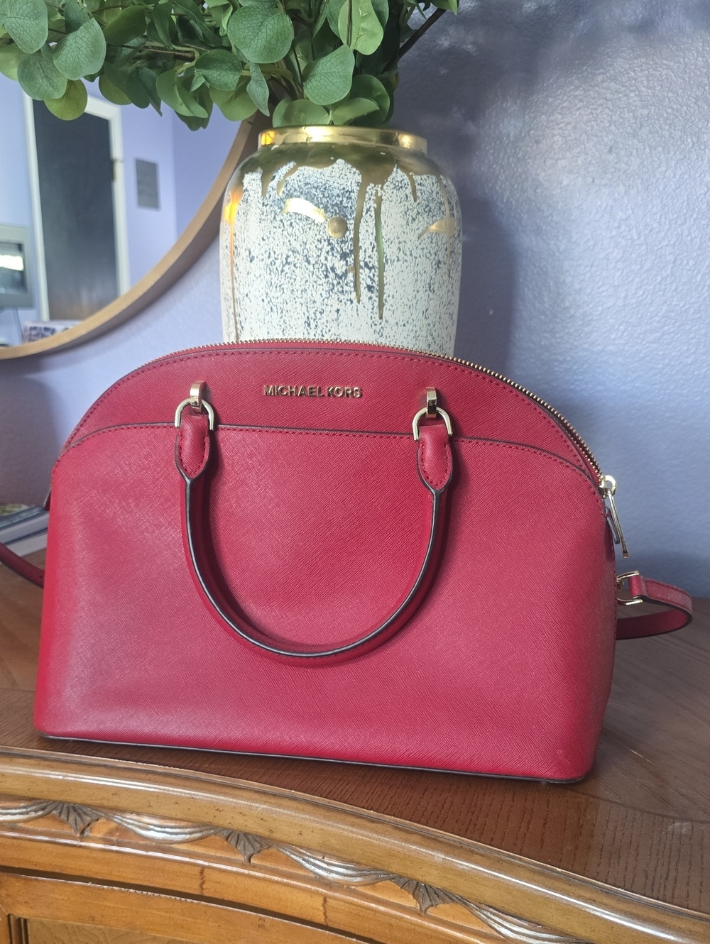 Michael Kors Red Dome Satchel with Gold Hardware
